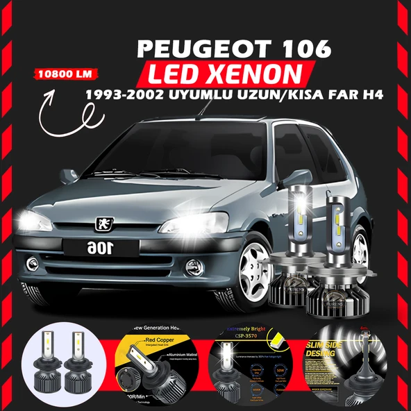 Peugeot 106 1993-2002 Uzun-Kısa Far Uyumlu Şimşek Etkili Led Xenon Premium Series H4 ürün görseli 1