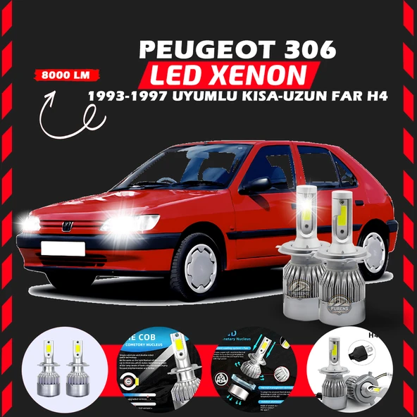 Peugeot 306 1993-1997 Uzun Kısa Far Uyumlu Şimşek Etkili Led Xenon Performance Series H4 ürün görseli 1