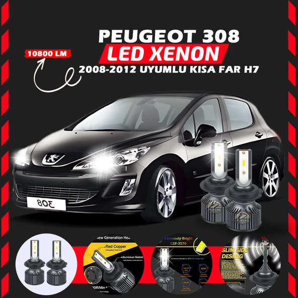 Peugeot 308 2008-2012 Kısa Far Uyumlu Şimşek Etkili Led Xenon Premium Series H7 ürün görseli 1
