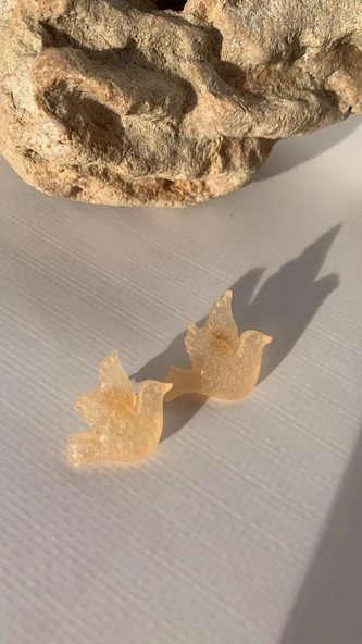 Sedefli Parlak Turuncu Renkli Güvercin Şekil Gold Aksesuarlı Epoksi Küpe El Yapımı Hediyelik ürün görseli 1