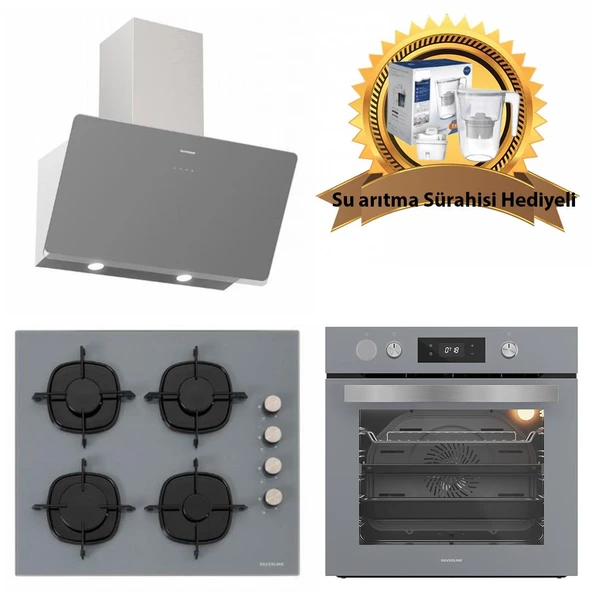 Silverline Buhar Destekli AirFrayer Gri Cam Ankastre Set 3457 - CS5335S01- BO65P4S01 ürün görseli 1