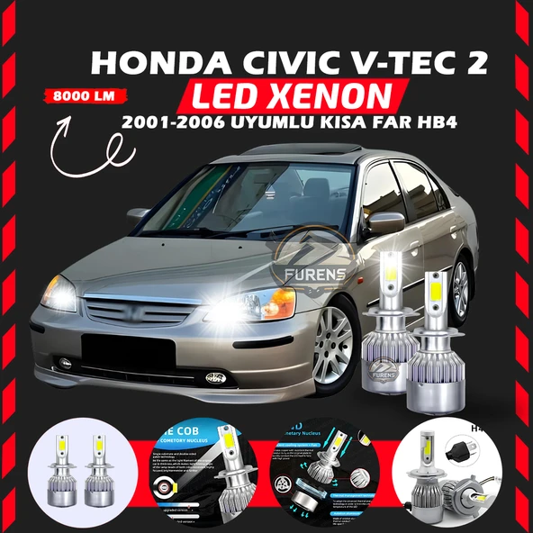 Honda Civic V-TEC 2 2001-2006 Kısa Far Uyumlu Şimşek Etkili Led Xenon Performance Series HB4 ürün görseli 1