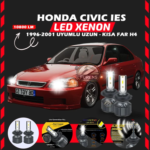 Honda Civic İES 1996-2001 Uzun-Kısa Far Uyumlu Şimşek Etkili Led Xenon Premium Series H4 ürün görseli 1