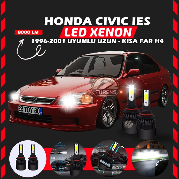 Honda Civic İES 1996-2001 Uzun-Kısa Far Uyumlu Şimşek Etkili Led Xenon LightSeries H4 ürün görseli 1