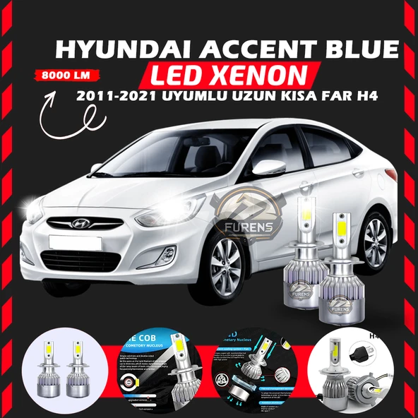Hyundai Accent Blue 2011-2021 Uzun-Kısa Far Uyumlu Şimşek Etkili Led Xenon Performance Series H4 ürün görseli 1