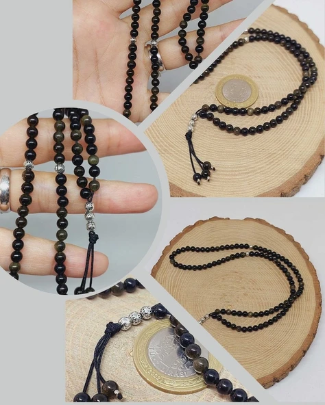 Golden & Siyah Obsidyen Taşı 99luk Tesbih 4mm (24290) ürün görseli 1