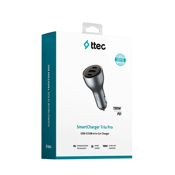 TTEC SmartCharger PD 130W Araç Hızlı Şarj Aleti 2 USB-C+USB-A ürün görseli 1