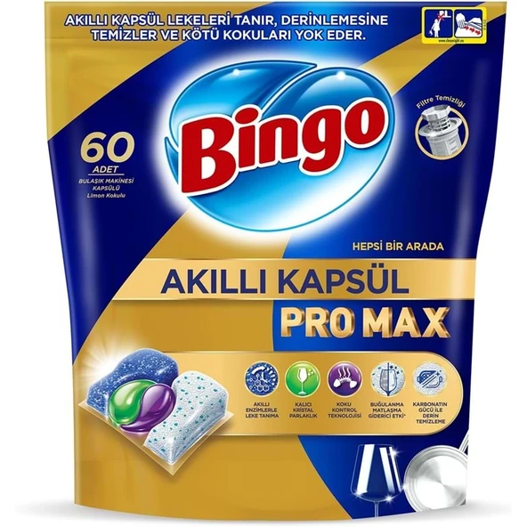 Bingo Akıllı Kapsül Pro Max Bulaşık Makinesi Deterjanı Tableti 60 Adet Limon Kokulu ürün görseli 1