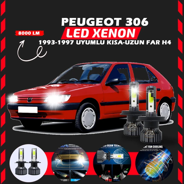Peugeot 306 1993-1997 Uzun Kısa Far Uyumlu Şimşek Etkili Led Xenon Pro Series H4 ürün görseli 1