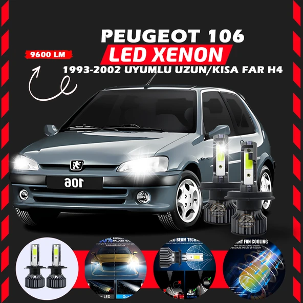 Peugeot 106 1993-2002 Uzun-Kısa Far Uyumlu Şimşek Etkili Led Xenon Pro Series H4 ürün görseli 1