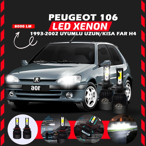 Peugeot 106 1993-2002 Uzun-Kısa Far Uyumlu Şimşek Etkili Led Xenon Light Series H4 ürün görseli 1