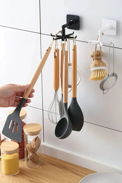 Online Kapında 6 Kancalı Lüks Mutfak Banyo Döner Askı Kepçe Havlu Lif Askılığı Pratik Askılık Yapışkanlı ürün görseli 1