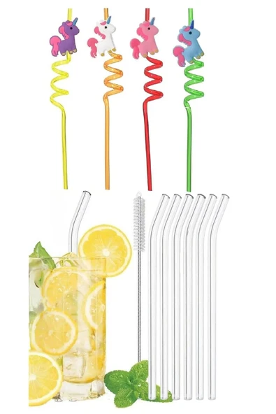 Online Kapında 6 Adet Sevimli Emojili Kokteyl Plastik Pipet ve 6 Adet Cam Pipet +1 Temizleme Fırçası ürün görseli 1