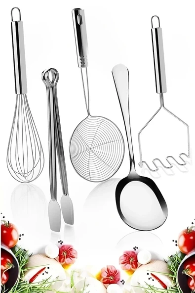 Online Kapında ServisSetiKepçeKevgirSüzgeçIzgaraMaşasıMetalPatatesEziciÇelikTel Çırpıcı Servis Kaşığı ürün görseli 1