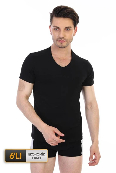 Erkek Elastanlı V Yaka Siyah T-shirt 0956 6'lı Ekonomik Paket ürün görseli 1