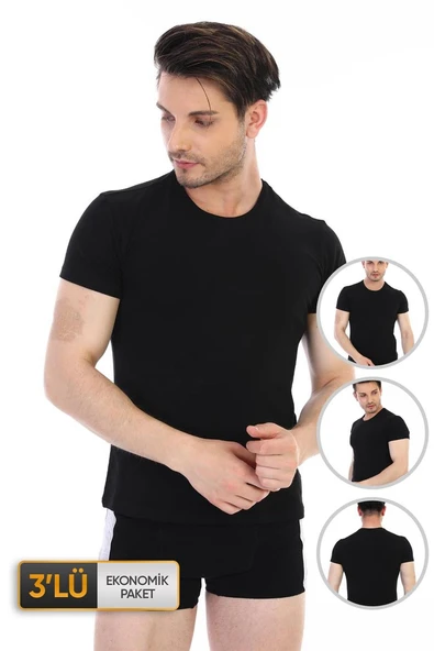 Erkek Elastanlı Siyah T-shirt 0954 3'lü Ekonomik Paket ürün görseli 1