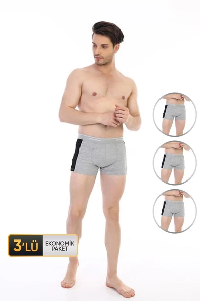 Erkek Elastanlı Biyeli Gri Boxer 850 3'lü Ekonomik Paket ürün görseli 1