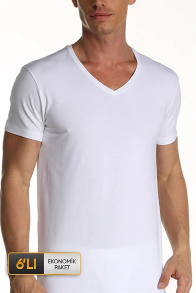 Erkek Elastanlı V Yaka Beyaz T-shirt 0956 6'lı Ekonomik Paket ürün görseli 1