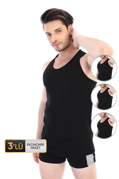 Erkek Elastanlı Spor Siyah Atlet 916 3'lü EKonomik Paket ürün görseli 1