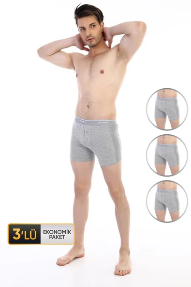 Erkek Elastanlı Biyeli Gri Melanj Boxer Şort 880 3'lü Ekonomik Paket ürün görseli 1