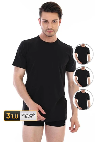 Erkek Süprem Bisiklet Yaka Siyah T-shirt 947 3'lü Ekonomik Paket ürün görseli 1