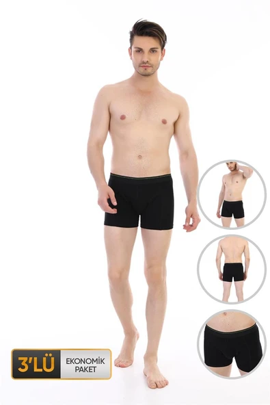 Erkek Elastanlı Siyah Boxer 0889 3'lü Ekonomik Paket ürün görseli 1