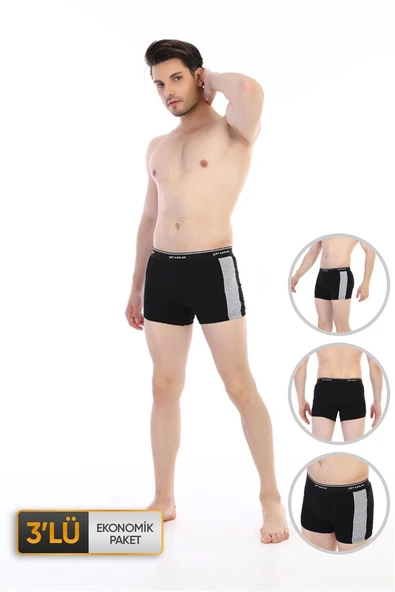 Erkek Elastanlı Biyeli Siyah Boxer 0850 3'lü Ekonomik Paket ürün görseli 1