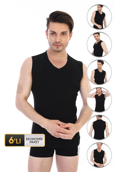 Erkek Ribana V Yaka Kolsuz Siyah Atlet 921 6'lı Ekonomik Paket ürün görseli 1