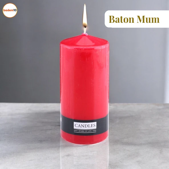 Baton Mum Kırmızı Silindir Dekoratif Mumu Kandil Hediyelik Fitilli Mumlar Şamdan Kokusuz 6 x 13 cm ürün görseli 1