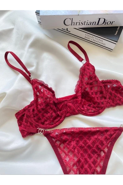 ARONA Kırmızı Balenli ,Dantelli Bralet Takım Alt kısmı demirlidir. 2'li (Sütyen&Tanga) ürün görseli 1