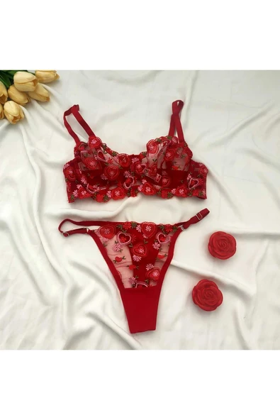 Serzeysoftwears Kırmızı pembe çiçekli destekli şeffaf südyen bralet takımı ürün görseli 1