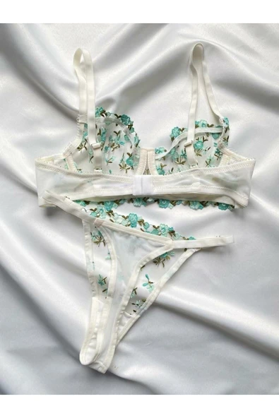 ARONA Ekru Yeşil Çiçek Işlemeli Brode Balenli Tül Sütyen Tanga Iç Çamaşırı Takımı - Lingerie Haven ürün görseli 1
