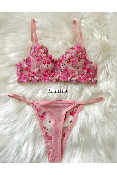 DESİLE VALENTİNE'S LOVE PEMBE KALPLİ BALENLİ BRODE SÜTYEN TAKIM (SEVGİLİLER GÜNÜ ÖZEL) ürün görseli 1