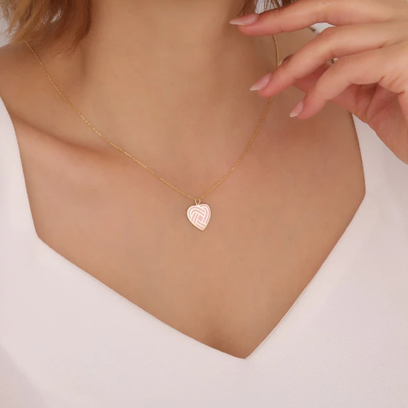 925 Ayar Gümüş Pembe Mineli Spiral Kalp Kolye ürün görseli 1