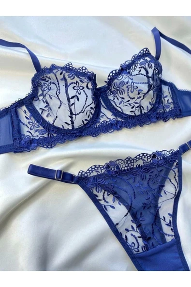 ARONA Lacivert Balenli Tül Dantel Sütyen Bralet Tanga Iç Çamaşırı Takım - Lingerie Haven ürün görseli 1