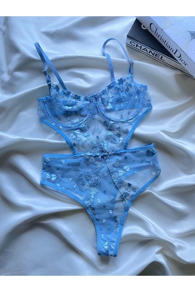 ARONA Transparan Kalp Desenli Mavi Bodysuit ürün görseli 1