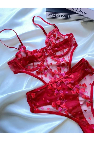 RUYAZ TEKSTİL Kırmızı Kalpli Bodysuit Iç Çamaşır Takımı Yılbaşı Özel ürün görseli 1