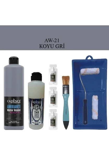 Cadence Boya Fayans Tezgah B-Ambiente Islak Zemin Aw-21 Koyu Gri 500Ml Katalizör 30Gr Taş Vernik 250 Saten Rulo Set ürün görseli 1
