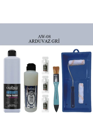 Cadence Boya Fayans Tezgah B-Ambiente Islak Zemin Aw-08 Ard.Gri 500Ml Katalizör 30Gr Taş Vernik 250 Saten Rulo Set ürün görseli 1