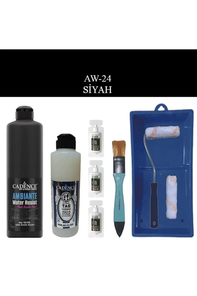Cadence Boya Fayans Tezgah B-Ambiente Islak Zemin Aw-24 Siyah 500Ml Katalizör 30Gr Taş Vernik 250 Saten Rulo Set ürün görseli 1