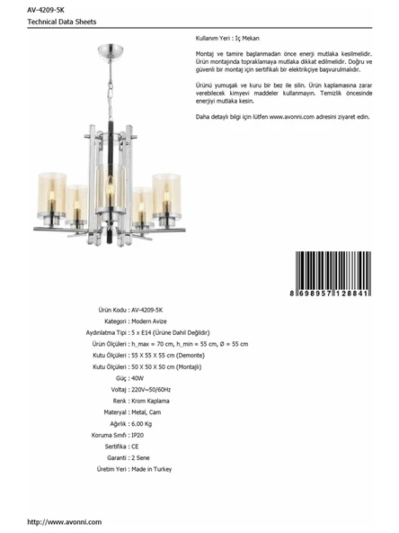 Avonni AV-4209-5K Krom Kaplama Modern Avize  E14 - Resim 2