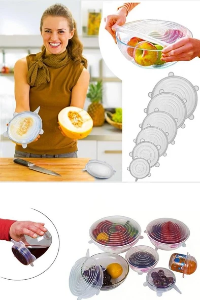 6 lı Tazeliği Koruyan Silikon Strech Kapaklar Tabak Bardak Bonesi Kahvaltı Saklama Kabı Streç Kapak ürün görseli 1