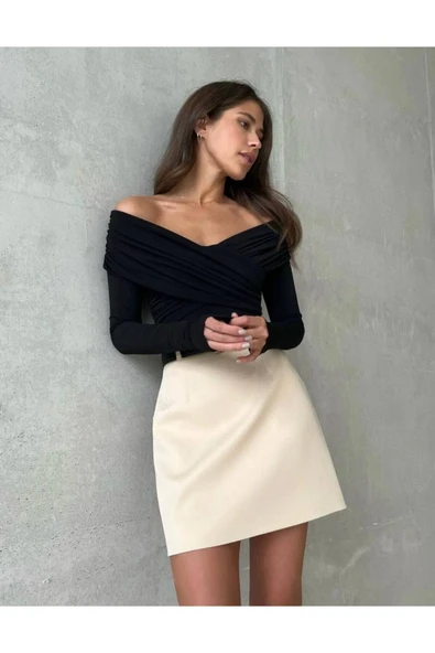 SİYAH ÇAPRAZ DRAPE DETAYLI BLUZ - Resim 2