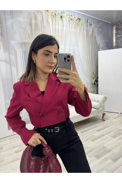 Kruvaze Yaka Crop Bordo Blazer Ceket - Resim 2