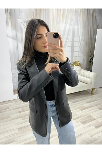 SİYAH DERİ BLAZER CEKET - Resim 2