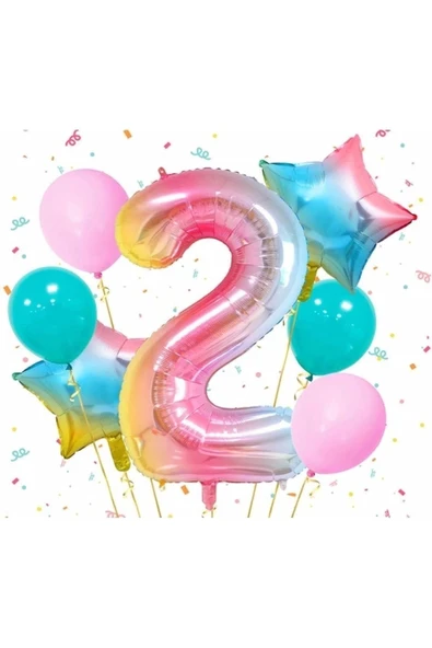 Gökkuşağı Rengarenk 2 Yaş Balon Set Yıldız Balon Folyo Set Konsept Doğum Günü Set Yaş Balon Set ürün görseli 1