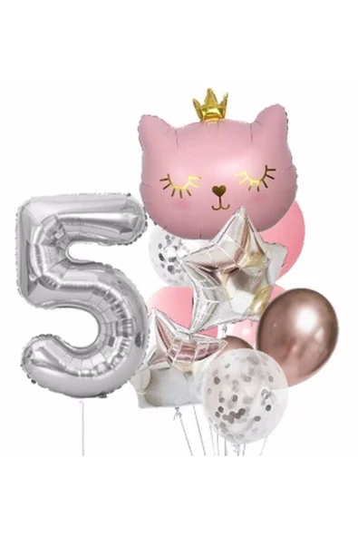 Pembe Kedi 5 Yaş Balon Set Yıldız Balon Folyo Set Pembe Kedi Konsept Doğum Günü Set Yaş Balon Set ürün görseli 1