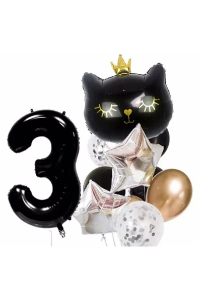 Siyah Kedi Kara Kedi 3 Yaş Balon Set Yıldız Balon Folyo Set Siyah Kedi Konsept Doğum Günü Set ürün görseli 1