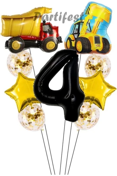 Kamyon Dozer Kepçe Inşaat 4 Yaş Balon Set Yıldız Balon Set Kamyon Inşaat Konsept Doğum Günü Set ürün görseli 1