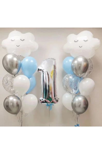 Gökyüzü Bulut 1 Yaş Balon Set Yıldız Balon Folyo Set Konsept Doğum Günü Set Yaş Balon Set ürün görseli 1